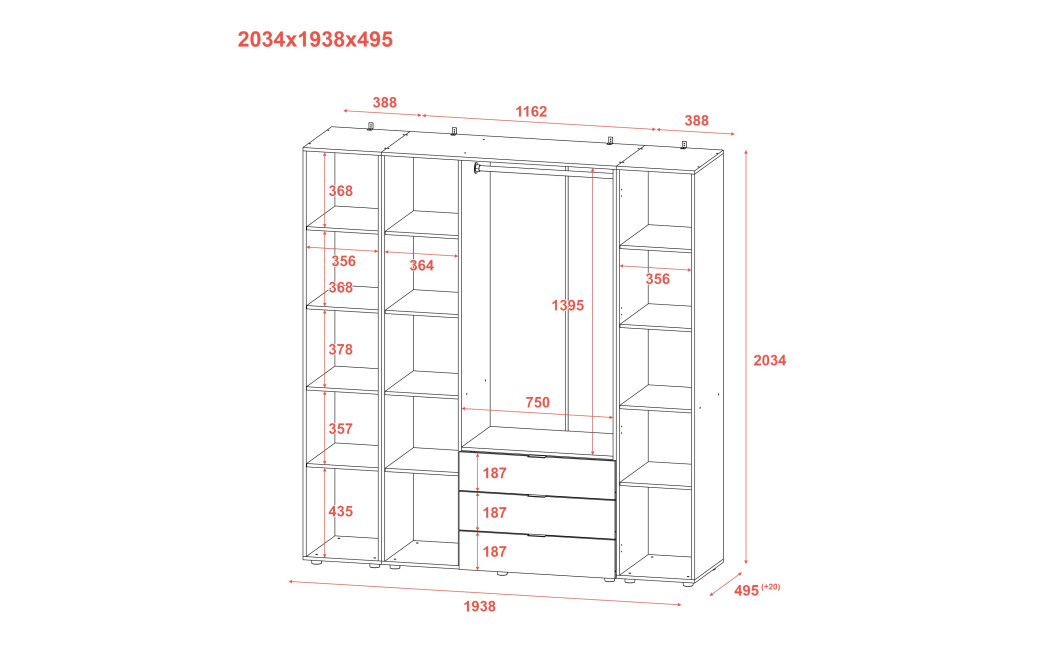 Kleiderschrank Doros Gelar Weiß 3 Türen mit 2 offenen Regalböden 192,6x49,5x203,4 (42005035)