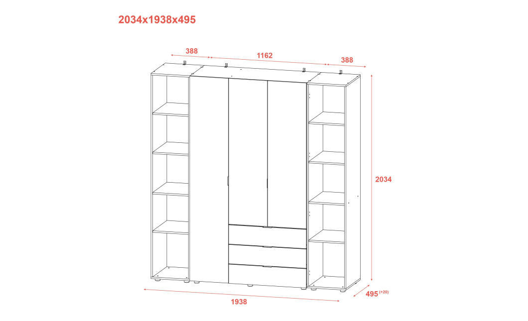 Kleiderschrank Doros Gelar Graphitgrau 3 Türen mit 2 offenen Regalböden 192,6x49,5x203,4 (42005060)