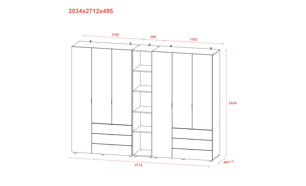 Kleiderschrank Doros Gelar Weiß 3+3 Türen mit offenem Regal 270,6x49,5x203,4 (42005036)