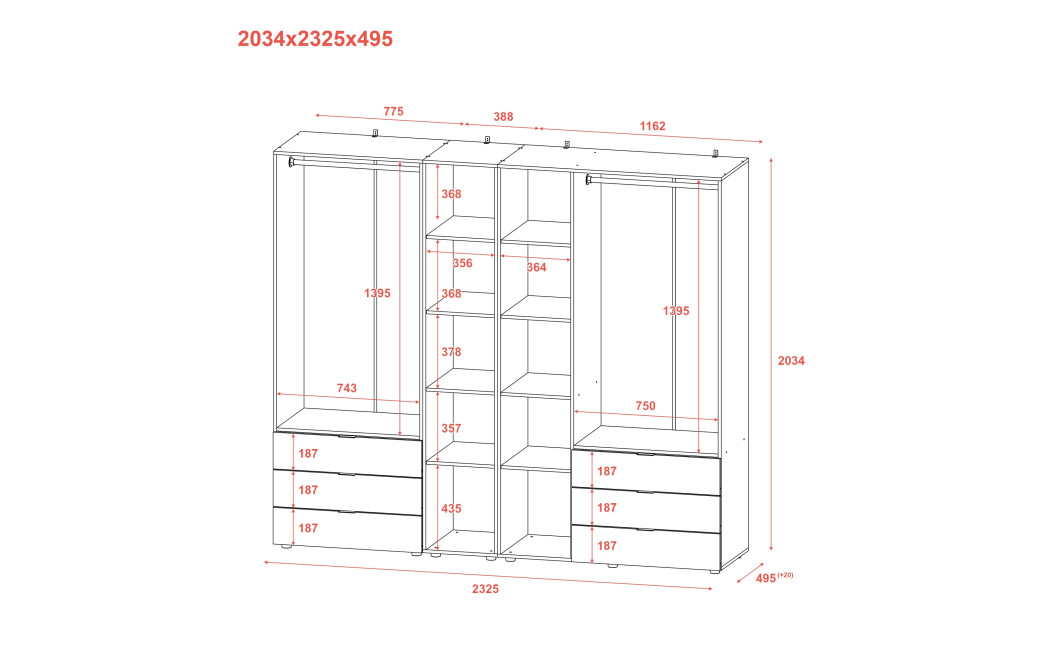 Kleiderschrank Doros Gelar Sonoma Eiche 2+3 Türen mit offenem Regal 231,9x49,5x203,4 (42005046)