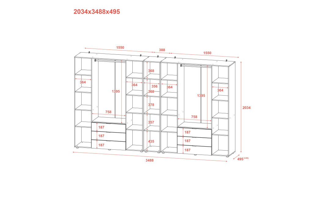 Kleiderschrank Doros Gelar Sonoma Eiche 4+4 Türen mit offenem Regal 348,2x49,5x203,4 (42005053)