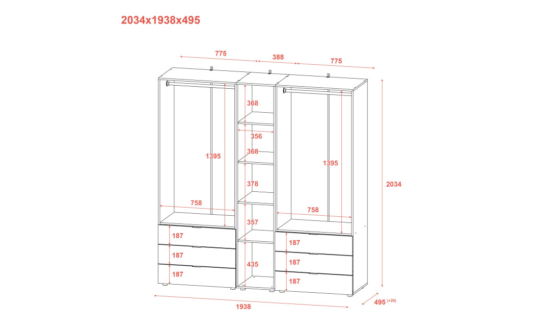 Kleiderschrank Doros Gelar Graphitgrau 2+2 Türen mit offenem Regal 193,2x49,5x203,4 (42005056)