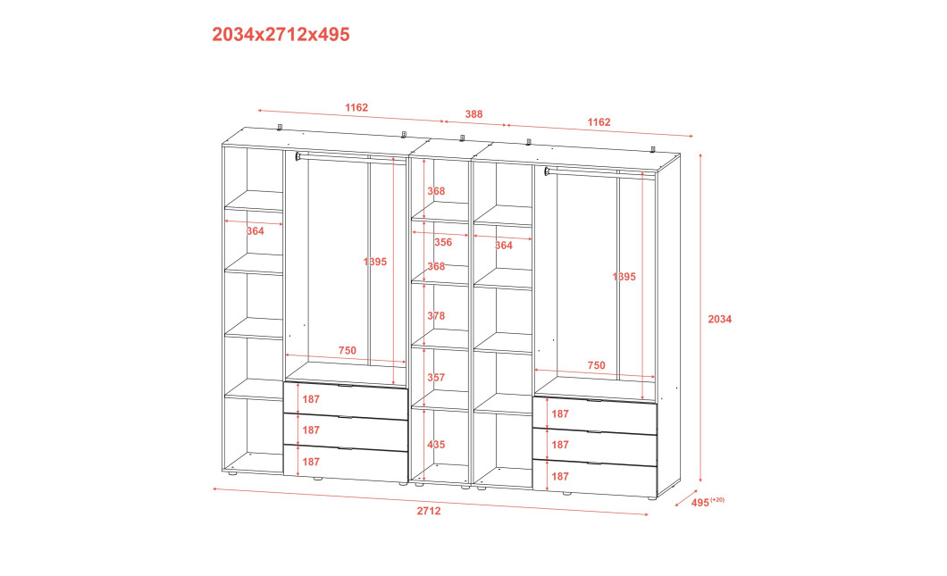 Kleiderschrank Doros Gelar Graphitgrau 3+3 Türen mit offenem Regal 270,6x49,5x203,4 (42005061)