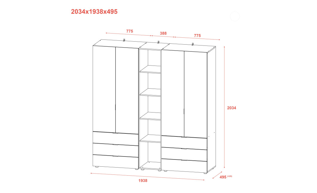 Kleiderschrank Doros Gelar Weiß 2+2 Türen mit offenem Regal 193,2x49,5x203,4 (42005031)
