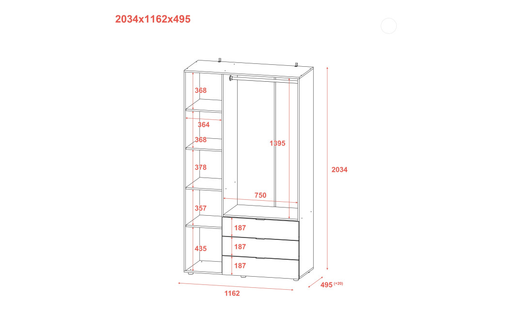 Kleiderschrank Doros Gelar mit Drehtüren Graphitgrau 3 Türen 116,2x49,5x203,4 (80737074)