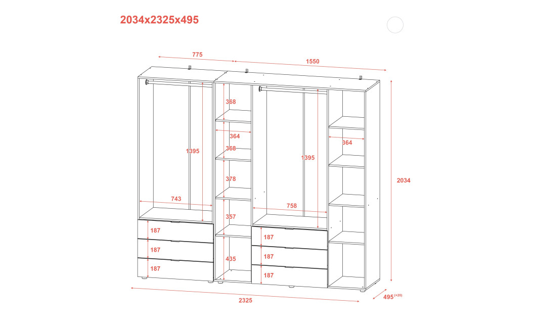 Kleiderschrank Doros Gelar Set Weiß 2+4 Türen 232,5x49,5x203,4 (42002124)