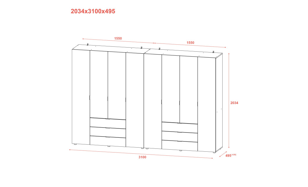 Kleiderschrank Doros Gelar Set mit Drehtüren Sonoma Eiche 4+4 Türen 310x49,5x203,4 (42002129)