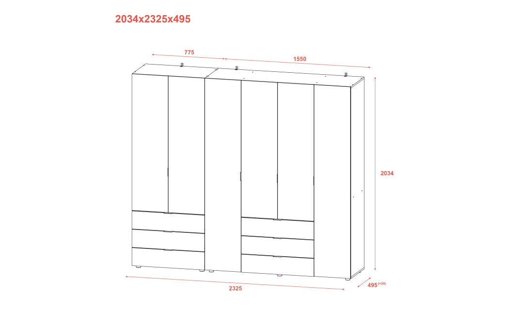 Kleiderschrank Doros Gelar Set mit Drehtüren Graphitgrau 2+4 Türen 232,5x49,5x203,4 (42002133)