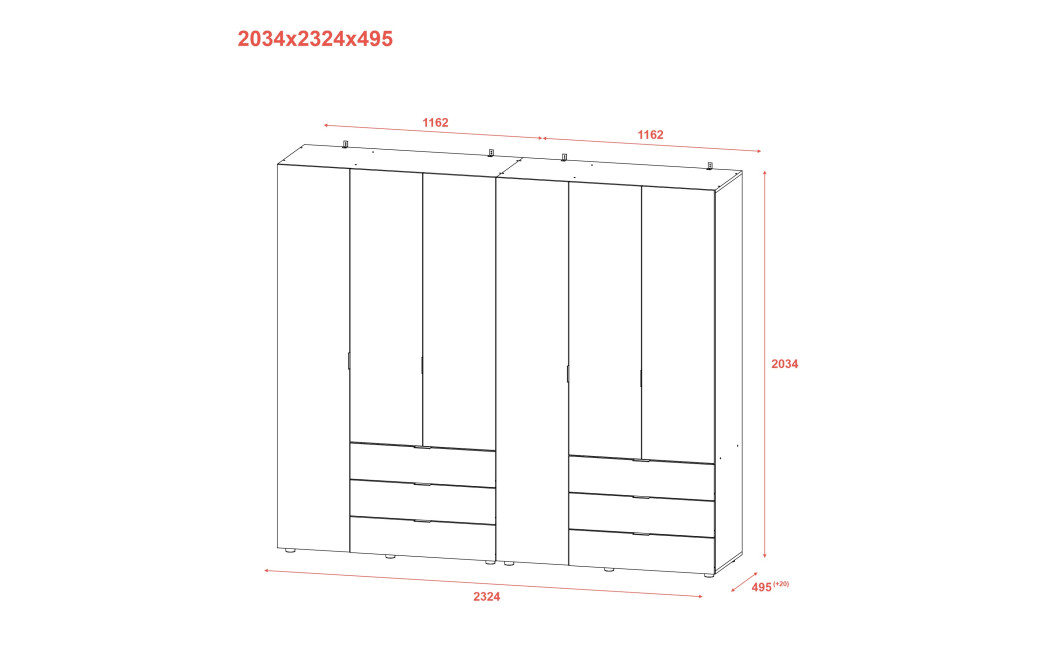 Kleiderschrank Doros Gelar Set mit Drehtüren Graphitgrau 3+3 Türen 232,4x49,5x203,4 (42002126)