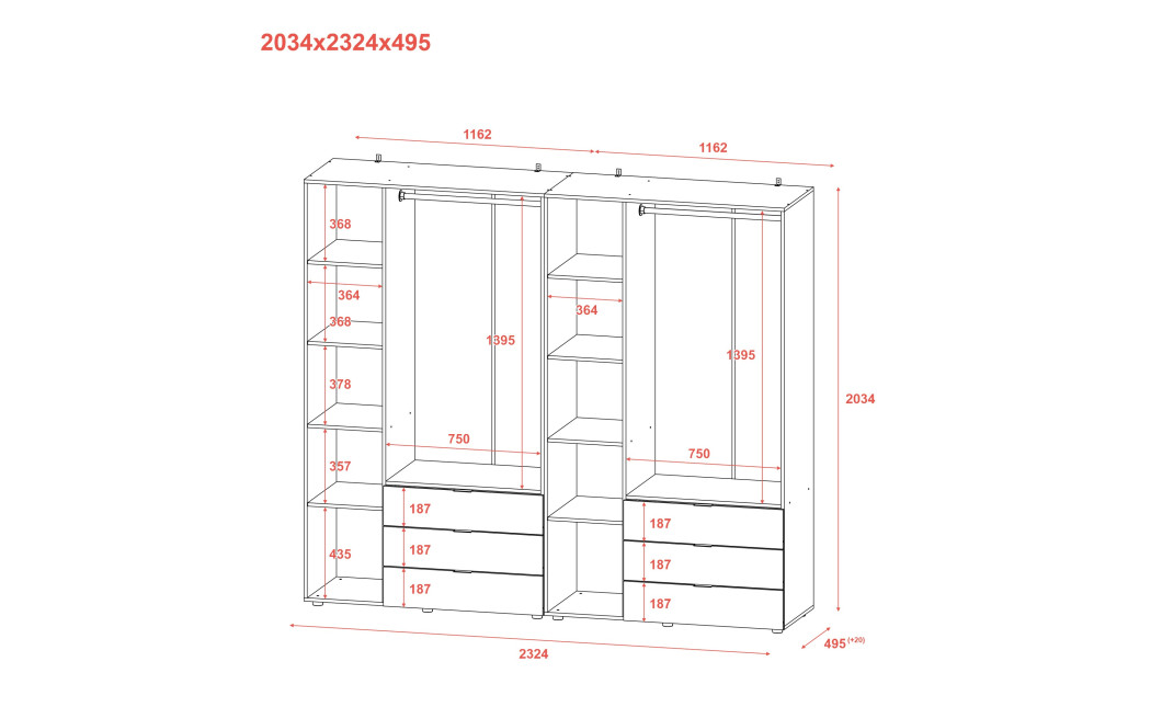 Kleiderschrank Doros Gelar Set mit Drehtüren Graphitgrau 3+3 Türen 232,4x49,5x203,4 (42002126)