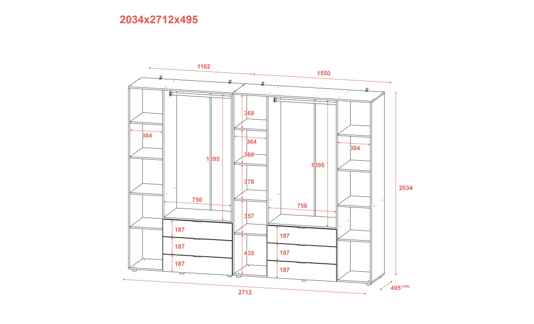 Kleiderschrank Doros Gelar Set mit Drehtüren Graphitgrau 3+4 Türen 271,2x49,5x203,4 (42002128)