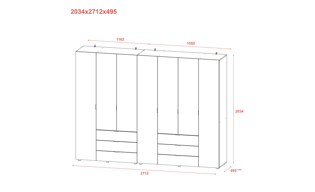 Kleiderschrank Doros Gelar Set mit Drehtüren Graphitgrau 3+4 Türen 271,2x49,5x203,4 (42002128)