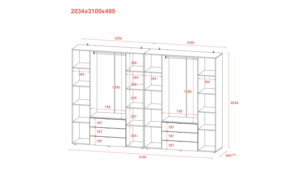 Kleiderschrank Doros Gelar Set mit Drehtüren Graphitgrau 4+4 Türen 310x49,5x203,4 (42002130)
