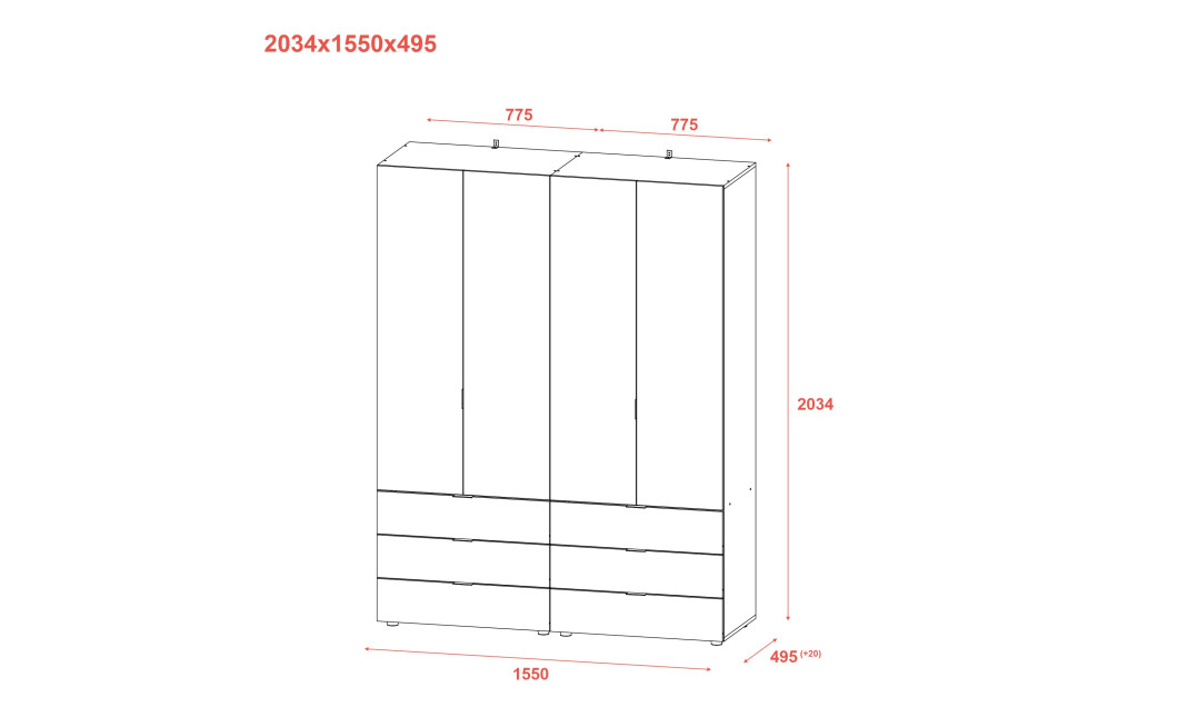 Kleiderschrank Doros Gelar Set mit Drehtüren Kaschmir 2+2 Türen 155x49,5x203,4 (80737637)