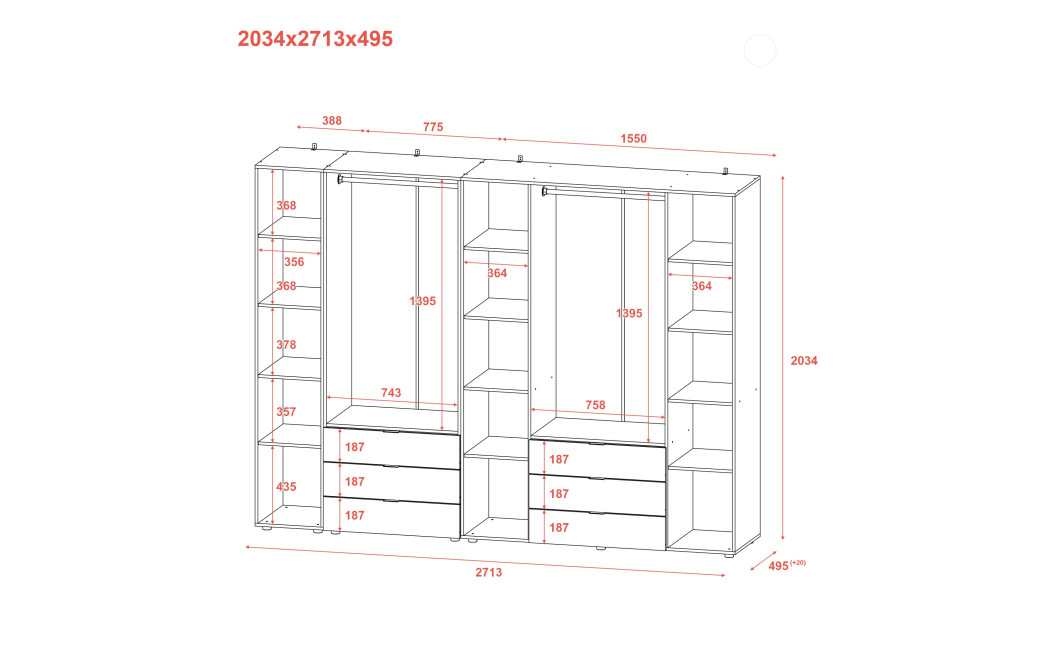 Kleiderschrank Doros Gelar Kaschmir 2+4 Türen mit offenem Regal 270,7x49,5x203,4 (80737651)