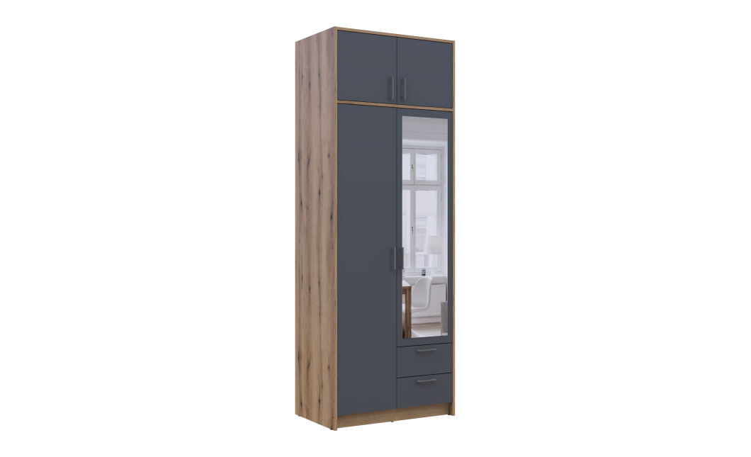 Kleiderschrank Doros Rondi mit Drehtüren mit Oberschrank und Spiegel Artisan Eiche / Graphitgrau 2 Türen 82x52x236 (80737810)