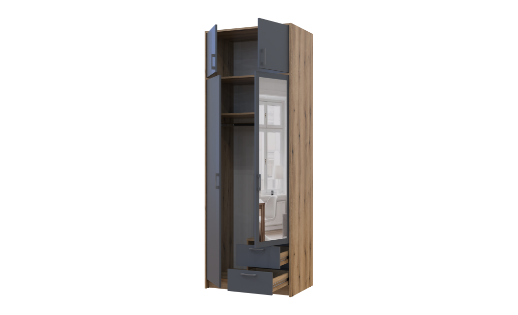 Kleiderschrank Doros Rondi mit Drehtüren mit Oberschrank und Spiegel Artisan Eiche / Graphitgrau 2 Türen 82x52x236 (80737810)