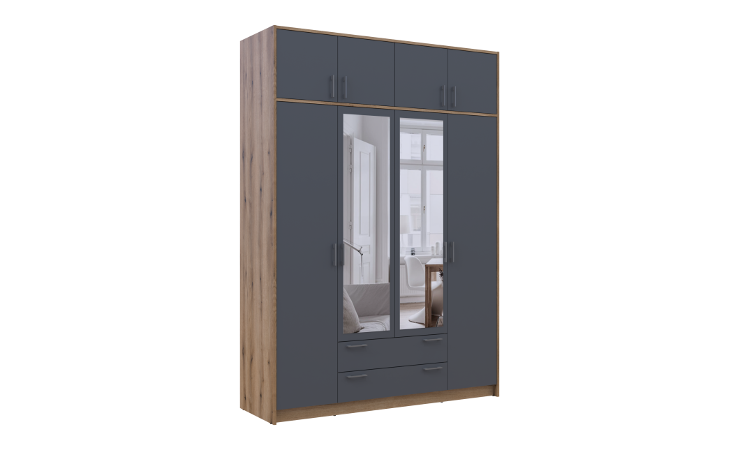 Kleiderschrank Doros Rondi mit Drehtüren und Spiegel Artisan Eiche / Graphitgrau 4 Türen 160x52x236 (80737830)