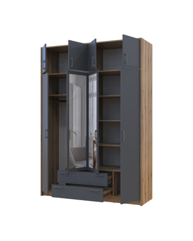 Kleiderschrank Doros Rondi mit Drehtüren und Spiegel Artisan Eiche / Graphitgrau 4 Türen 160x52x236 (80737830)