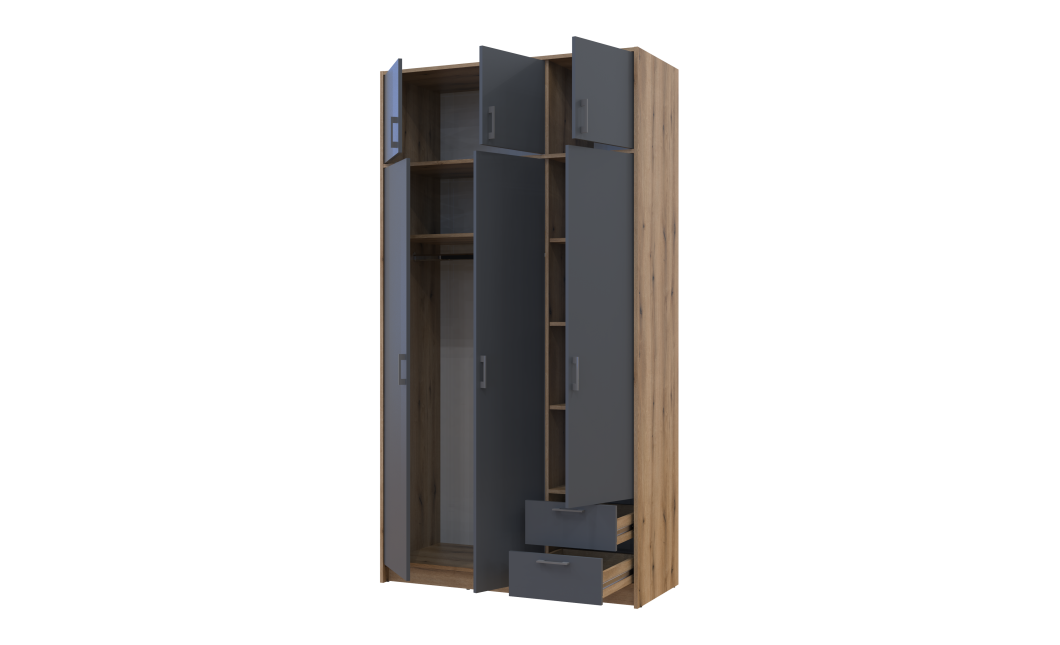 Kleiderschrank Doros Rondi mit Drehtüren mit Oberschrank Artisan Eiche / Graphitgrau 3 Türen 121x52x236 (80737818)