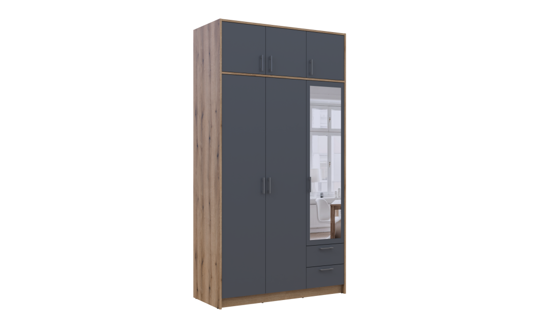 Kleiderschrank Doros Rondi mit Drehtüren und Spiegel Artisan Eiche / Graphitgrau 3 Türen 121x52x236 (80737820)