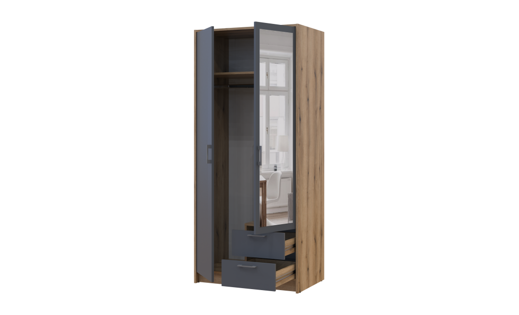 Kleiderschrank Doros Rondi mit Drehtüren mit Spiegel Artisan Eiche / Graphitgrau 2 Türen 82x52x195 (80737806)