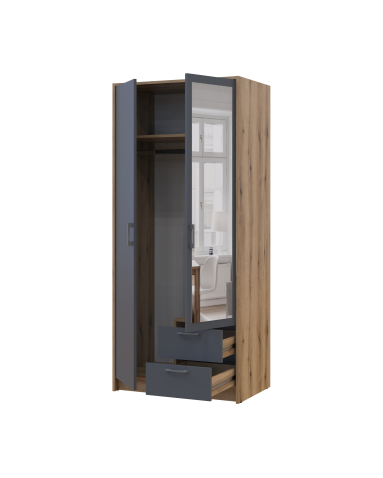 Kleiderschrank Doros Rondi mit Drehtüren mit Spiegel Artisan Eiche / Graphitgrau 2 Türen 82x52x195 (80737806)