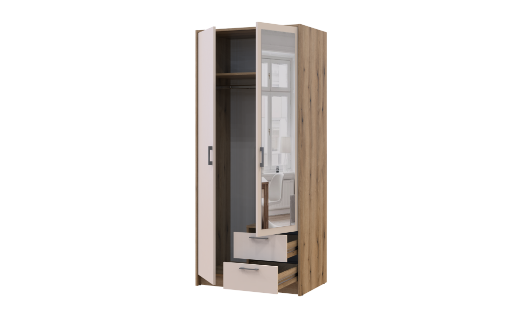 Kleiderschrank Doros Rondi Schiebetüren mit Spiegel Artisan Eiche / Kaschmir 2 Türen 82x52x195 (80737807)