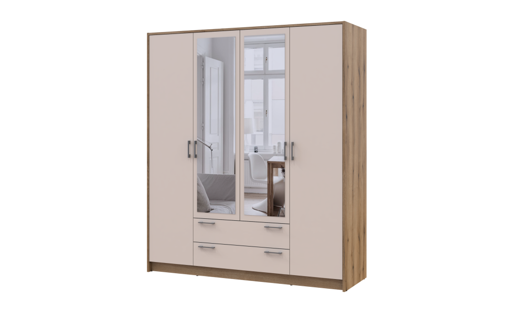 Kleiderschrank Doros Rondi Schiebetüren mit Spiegel Artisan Eiche / Kaschmir 4 Türen 160x52x195 (80737827)