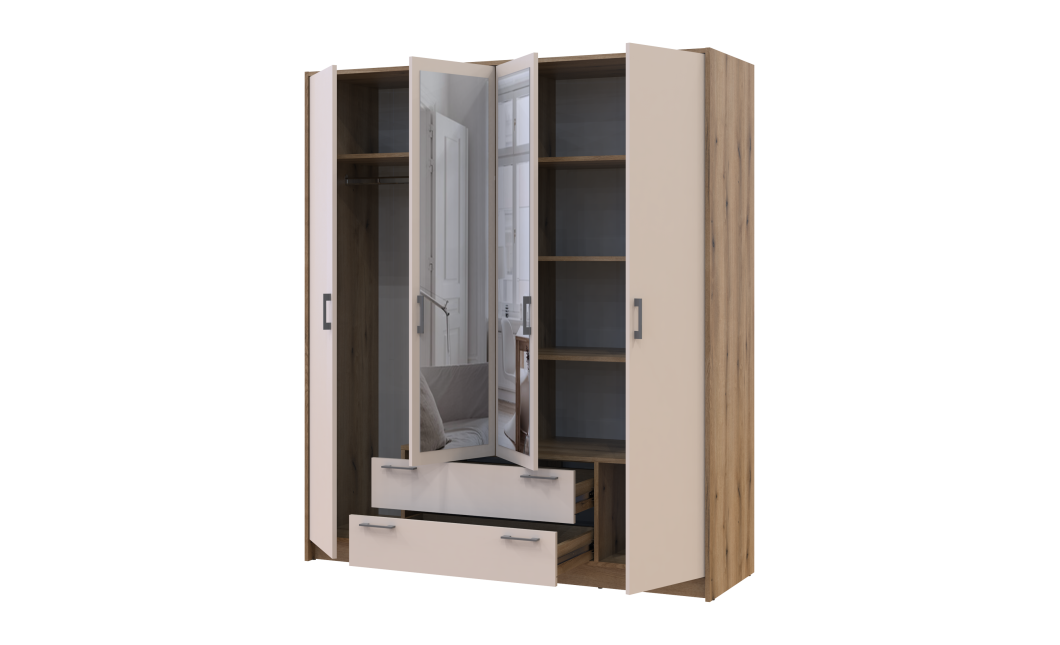 Kleiderschrank Doros Rondi Schiebetüren mit Spiegel Artisan Eiche / Kaschmir 4 Türen 160x52x195 (80737827)