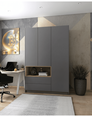 Kleiderschrank Doros Dale Anthrazit/Ewok Eiche 3 Türen 150x52x220 (44900526)