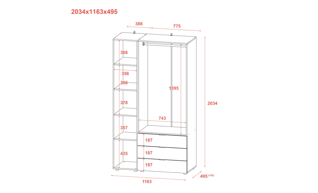 Drehtürenschrank Doros Gelar Sonoma Eiche 2 Türen mit Spiegel 116,5x49,5x203,4 (42002156)