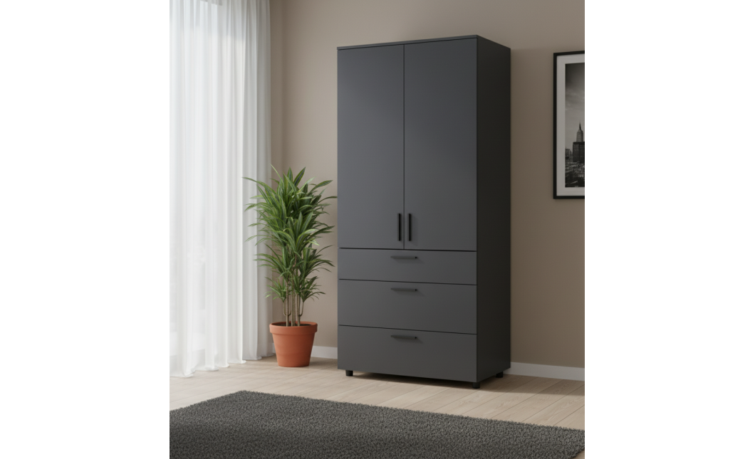 Kleiderschrank Doros Thorn Anthrazit 2 Türen 3 Schubladen Kleiderstange 90x51,6x200 (44900445)
