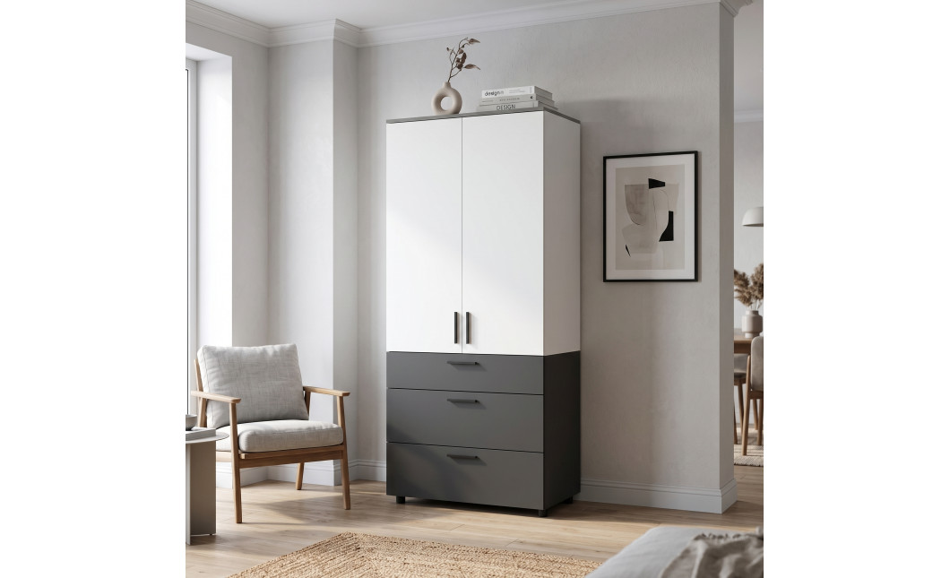 Kleiderschrank Doros Thorn Anthrazit/Weiß 2 Türen 3 Schubladen Böden 90x51,6x200 (44900470)