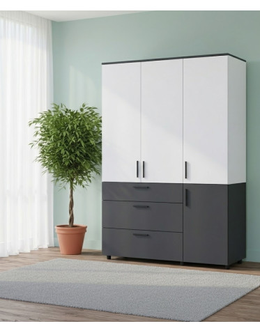Kleiderschrank Doros Thorn Anthrazit/Weiß 3 Türen 3 Schubladen Kleiderstange 135x51,6x200 (44900517)