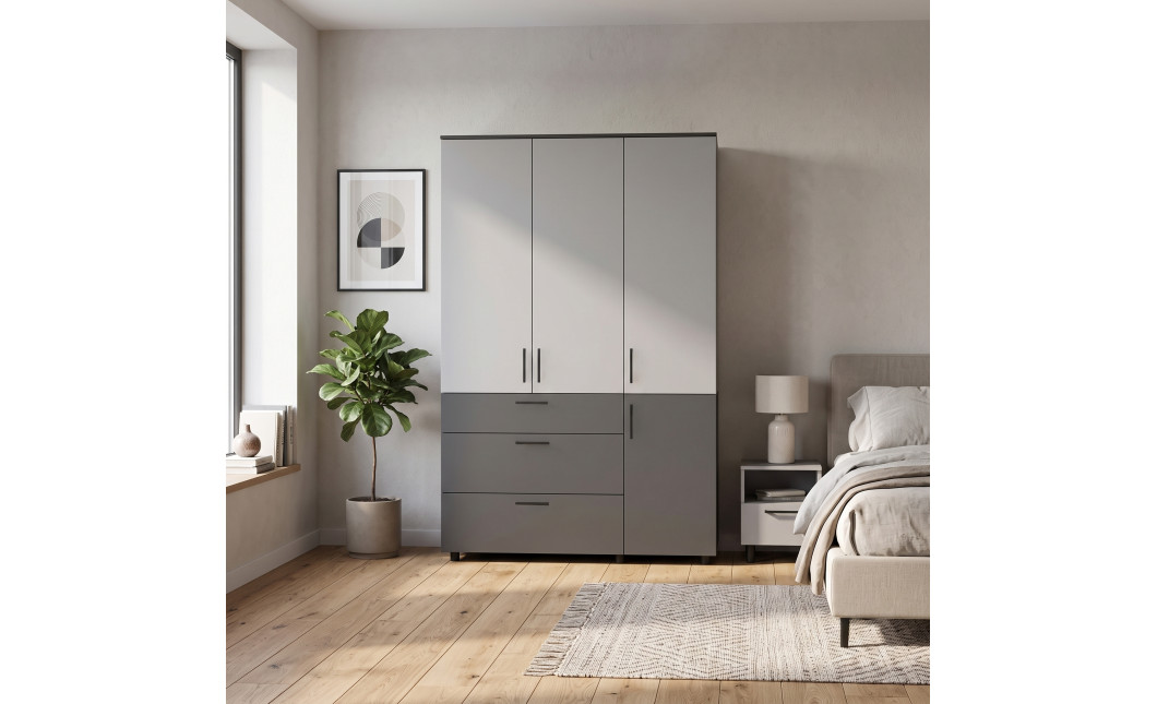 Kleiderschrank Doros Thorn Anthrazit/Grau 3 Türen 3 Schubladen Kleiderstange 135x51,6x200 (44900521)