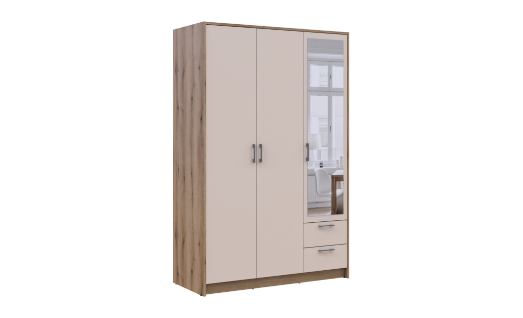 Kleiderschrank Doros Rondi Schiebetüren mit Spiegel Artisan Eiche / Kaschmir 3 Türen 121x52x195 (80737817)