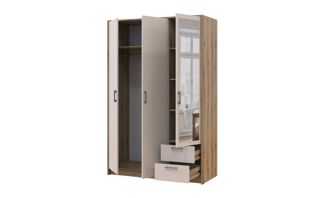 Kleiderschrank Doros Rondi Schiebetüren mit Spiegel Artisan Eiche / Kaschmir 3 Türen 121x52x195 (80737817)