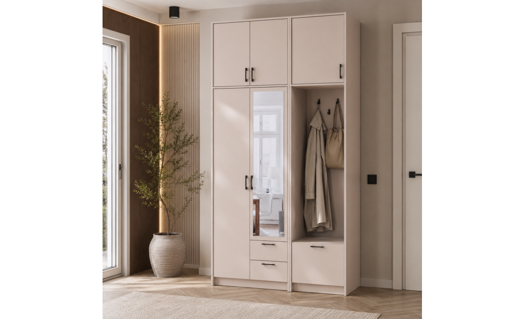 Kleiderschrank Doros Rondi mit Kleiderstange, Spiegel und hohem Oberschrank Kaschmir 2 Türen 142x52x260 (42005406)