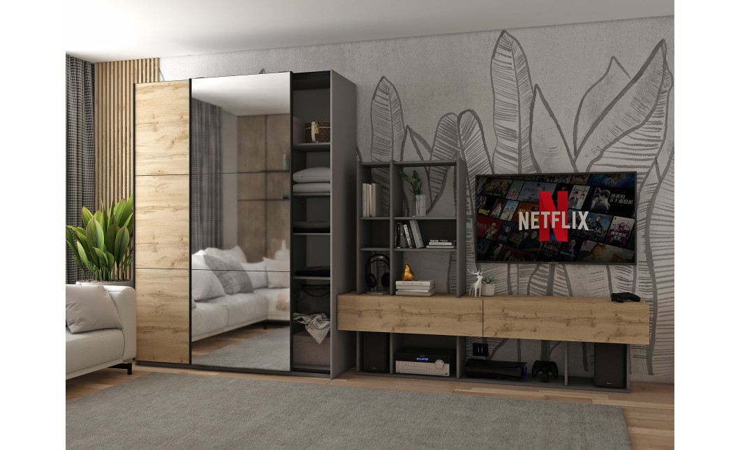 Kleiderschrank Doros G-Caiser Schiebetüren Anthrazit Ewok Eiche 1 Tür 1 Spiegel 3 Türen 160x60x240 (42005413)