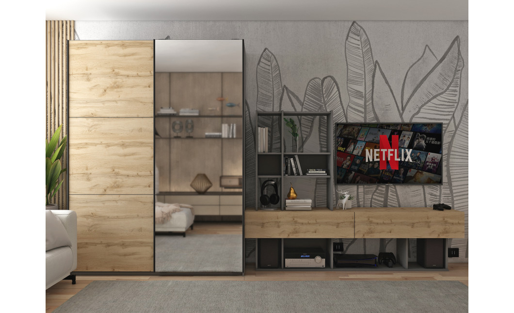 Kleiderschrank Doros G-Caiser Schiebetüren Anthrazit Ewok Eiche 1 Tür 1 Spiegel 3 Türen 160x60x240 (42005413)