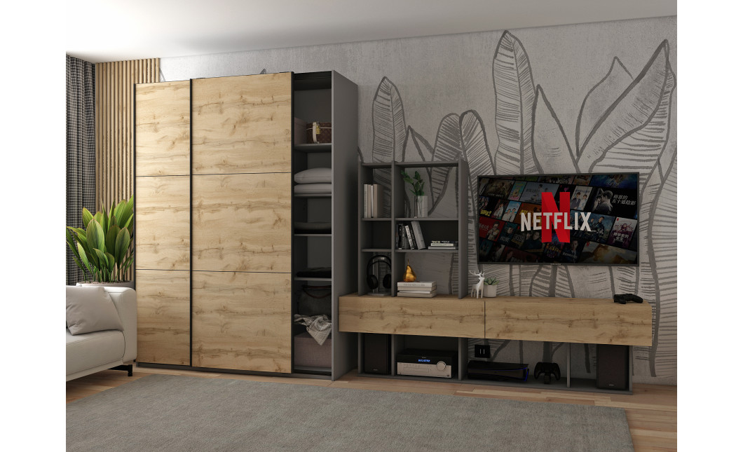 Kleiderschrank Doros G-Caiser Schiebetüren Anthrazit Ewok Eiche 2 Türen 160x60x240 (42005414)